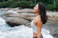 Peaceful and relaxing Asian 30s woman taking a deep breathe in summer beach by seaside - PhotoDune Item for Sale