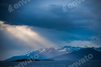 Andes Mountain range, seen form the Beagle Channel in Ushuaia, Tierra Del Fuego, Patagonia, Argentin