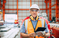 Portrait senior engineer male supervisor working in heavy metal manufactory hand holding tablet. - PhotoDune Item for Sale