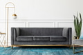 Chic mid-century modern luxury aesthetics living room with gray velvet couch and blue rug - PhotoDune Item for Sale