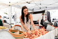 Woman shopping for peach, buying at fruits fresh market - PhotoDune Item for Sale