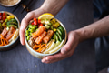 Salmon with vegetables on rice photography - PhotoDune Item for Sale