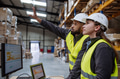 Warehouse manager talking with logistics employee in warehouse, planning transport of products - PhotoDune Item for Sale