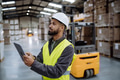 Warehouseman with tablet checking delivery, stock in warehouse. Warehouse manager using warehouse - PhotoDune Item for Sale