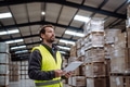 Portrait of warehouseman with clipboard checking delivery, stock in warehouse. Warehouse worker - PhotoDune Item for Sale