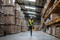 Warehouseman with tablet helmet dancing in the middle of warehouse. Warehouse working having fun at - PhotoDune Item for Sale