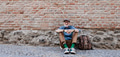 Banner of senior tourist exploring new city, interesting places. Elderly man with backpack sitting - PhotoDune Item for Sale