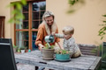 Mother and son taking care of plants in the garden, replanting, watering flowers. Mom and boy - PhotoDune Item for Sale