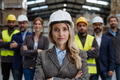 Full team of warehouse employees standing in warehouse. Team of workers, managers, female director - PhotoDune Item for Sale