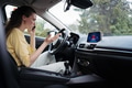 Young woman sitting in electric car with drained battery, making a phone call to service center. - PhotoDune Item for Sale