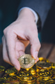 businessman counting and holding bitcoin sign of coins - vertical image - PhotoDune Item for Sale