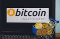 Bitcoin accepted here sign showing on laptop with a shopping cart full of bitcoin coins - PhotoDune Item for Sale