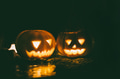 Happy and creepy traditional Halloween jack-o-lantern pumpkins with lights in the forest - PhotoDune Item for Sale