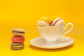 Pile of colorful macarons stacked up in the white classic cup in yellow pastel isolated background - PhotoDune Item for Sale