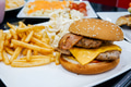 Close-up of Cheeseburger, Chips, Mashed potatoes on plate - PhotoDune Item for Sale