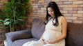 Happy Asian pregnant woman on couch - PhotoDune Item for Sale