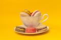 Pile of colorful macarons stacked up in the white classic cup in yellow pastel isolated background - PhotoDune Item for Sale