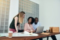 Smiling coworkers working on a laptop together in an office - PhotoDune Item for Sale