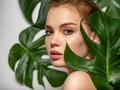 Beautiful white girl with big green leaves. Beauty and spa treatment concept. - PhotoDune Item for Sale