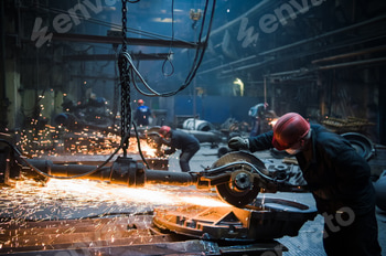 Welder used grinding stone on steel in factory with sparks