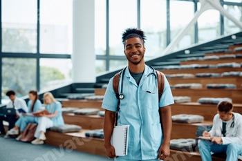 Black male student of medicine in amphitheater of medical university and looking at camera.