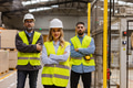 Portrait of team of warehouse employees standing in warehouse. Team of workers and female manger in - PhotoDune Item for Sale