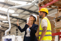 Female manager talking with foreman. Warehouse, production worker preparing products for shipment - PhotoDune Item for Sale