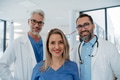 Portrait of confident three doctors standing in Hospital corridor. Medical team wearing white coat - PhotoDune Item for Sale