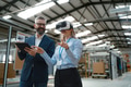 Engineers talking project using VR, in modern industrial factory. Virtual reality in manufacturing - PhotoDune Item for Sale