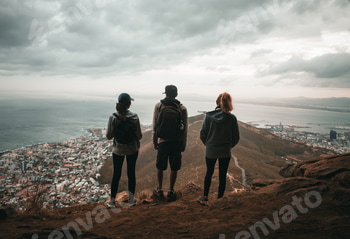 Friends standing on cliff top viewing city