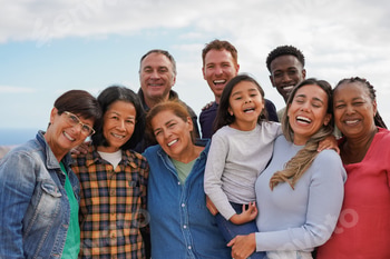 Group of multiracial friends smiling on camera outdoor