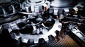 Close up view of interlocking metallic gears rotating smoothly in complex machinery - PhotoDune Item for Sale
