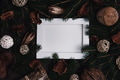 Empty picture frame, pine tree christmas decoration on dark background. Flat lay minimal new year - PhotoDune Item for Sale