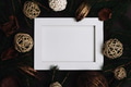 Empty picture frame with pine tree and natural christmas decoration on dark brown background Flat - PhotoDune Item for Sale