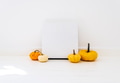 Empty frame with autumn pumpkin decor in white interior. Thanksgiving minimal flat lay background - PhotoDune Item for Sale