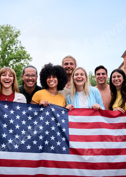 Multiracial group of friends holding American flag with pride, celebrating Independence Day outdoors