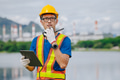 Professional engineer male with coal power plant, Power station with green nature background - PhotoDune Item for Sale