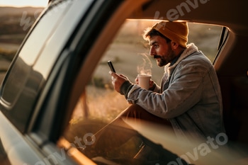 Tourist enjoying hot coffee and browsing smartphone in car trunk during road trip at sunset