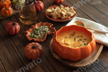 Creamy pumpkin soup with croutons and seeds, served in a pumpkin-shaped bowl on dark wooden table.