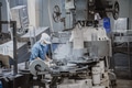 Quiet factory, plant worker cleaning production line convey belt prepare to close food factory - PhotoDune Item for Sale