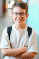 Smiling student wearing glasses and backpack at school - PhotoDune Item for Sale