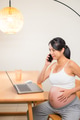 Pregnant woman talk on phone and use computer - PhotoDune Item for Sale