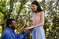 Man proposing to smiling woman in park, placing ring on her finger - PhotoDune Item for Sale