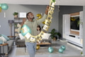 Hanging birthday banner in living room, man surrounded by balloons and smiling - PhotoDune Item for Sale