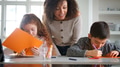 Two Children At Home With Mother Having Fun Making Craft Together - PhotoDune Item for Sale