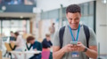 Smiling Male College Student Checking Mobile Phone In Busy Communal Campus Building - PhotoDune Item for Sale
