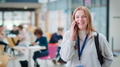 Smiling Female College Student Talking Into Mobile Phone In Busy Communal Campus Building - PhotoDune Item for Sale