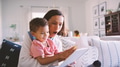 Close Up Of Mother And Son Sitting On Sofa At Home Reading Book Together - PhotoDune Item for Sale