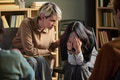Young Woman Comforting Distressed Asian Teenager during Group Therapy - PhotoDune Item for Sale