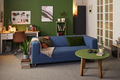 Living Room Interior Featuring Green Wall and Cozy Blue Sofa - PhotoDune Item for Sale